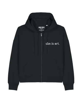 Cropped Hoodie à Zip Brodé "She Is Art" - Mira Paris