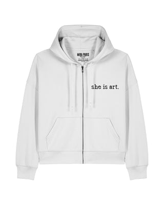 Cropped Hoodie à Zip Brodé "She Is Art" - Mira Paris