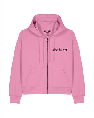 Cropped Hoodie à Zip Brodé "She Is Art" - Mira Paris